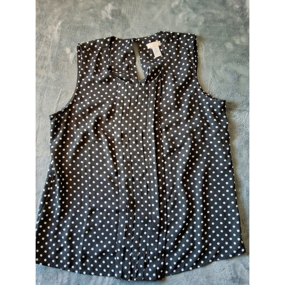 Chicos Black White Polka Dot Pleated Sleeveless‎ Blouse Top Size 1 Medium